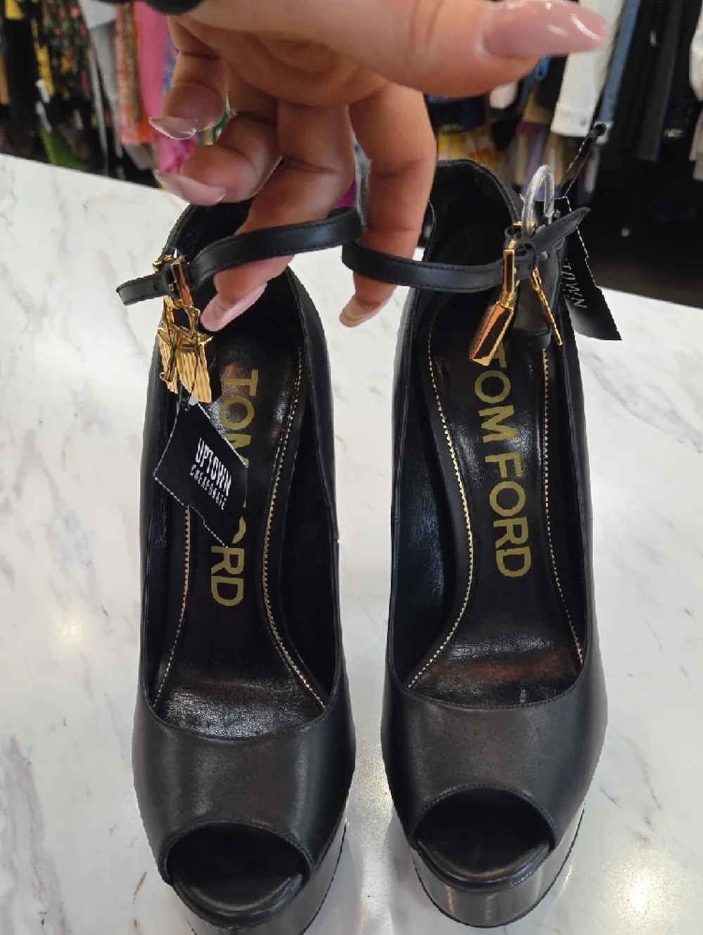 Tom Ford Black Leather Platform Peep-Toe Heels with Gold Buckle